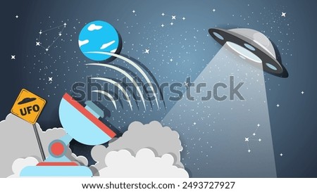 A flat illustration on the theme of space, a radio telescope on a cloud watching UFOs in space