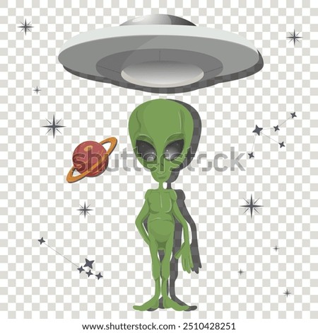 An alien stands under a UFO, flat childrens doodles on a transparent isolated background