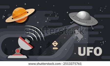 Radio telescope observes the abduction of a UFO cow against the background of the night sky, flat childrens doodles