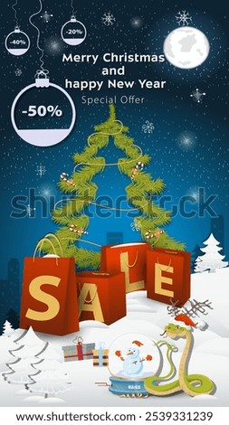 Special offer Sale inscription in the form of large packages standing in a snowy clearing, a snake next to a glass ball