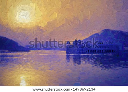 The beautiful morning view of Jal Mahal (Water Palace) was built during the 18th century in the middle of Man Sagar Lake. Jaipur, Rajasthan, India. Abstract  oil painting. Stock fotó © 