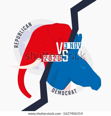 Elephant vs Donkey. Symbol of USA political party. US Presidential Election in 2020. American election campaign between Democrat and Republican. Vector illustration