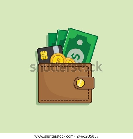 Brown wallet with green paper money. Wallet with money dollar bank note flat design isolated, icon vector Money Icon vector. wallet with money icon flat. Online payment concept.