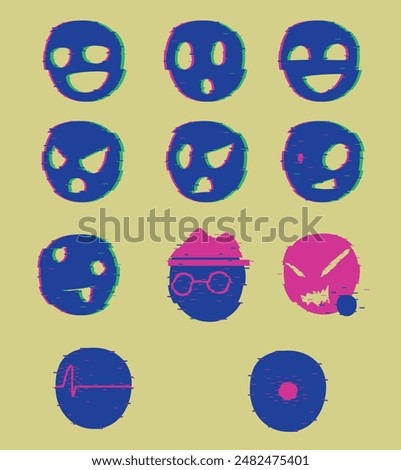 set of stickers with neon green, blue and purple emoji character expressions 