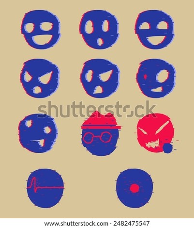 set of stickers with red and blue neon glitching emoji character expressions