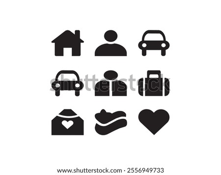 A vector silhouette image of a black filled icons set with a white background. The icons include a house, a person, a car, a suitcase, and a heart.