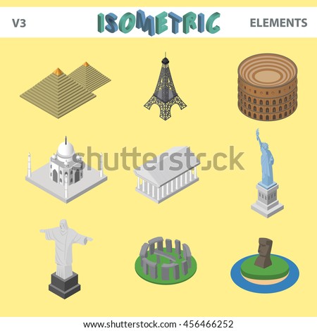 Isometric famous sightseeing places, Eiffel Tower, Stonehenge, Colosseum, Pyramid, Taj Mahal, Temple of Athena, Statue of Liberty, Jesus the Redeemer, Moai Statue, vector illustration