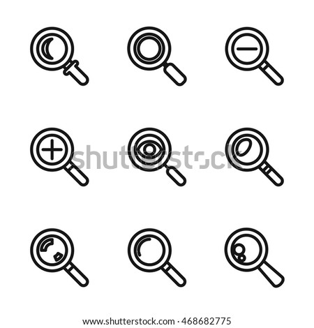 Search vector icons. Simple illustration set of 9 search elements, editable icons, can be used in logo, UI and web design