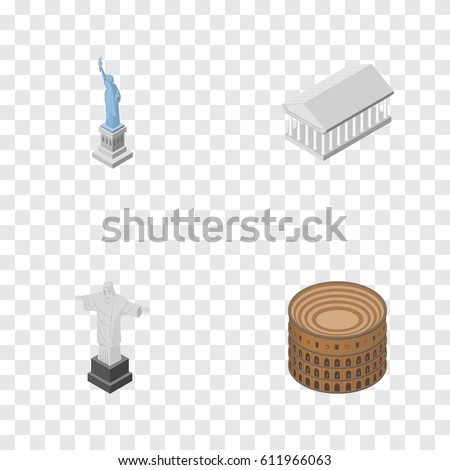 Isometric Architecture Set Of New York, Rio, Coliseum And Other Vector Objects. Also Includes Monument, Athens, Redeemer Elements.