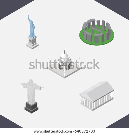 Isometric Travel Set Of Rio, India Mosque, Athens And Other Vector Objects. Also Includes Christ, Museum, Taj Elements.