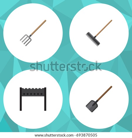 Flat Icon Dacha Set Of Barbecue, Harrow, Shovel And Other Vector Objects. Also Includes Spade, Brazier, Harrow Elements.