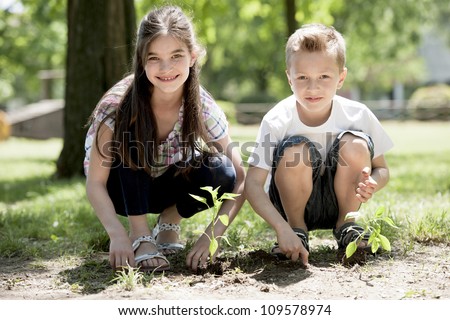 Children planting a new tree. Concept: new life, environmental conservation