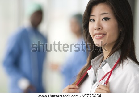 Chinese female doctor, surgeons on backgrounds