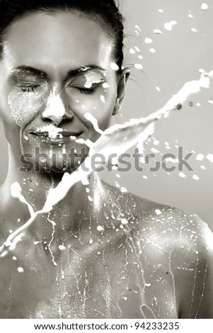 Photo of beautiful woman in sprays milk