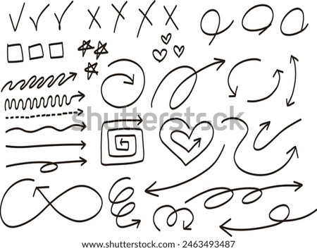 Hand Drawing Arrow Vector Icon Set. Doodles in various curved shapes freely drawn with black pen. Zigzags, vortex arrows. Hearts, circles, check boxes, asterisks, marking marks. Direction pointers.