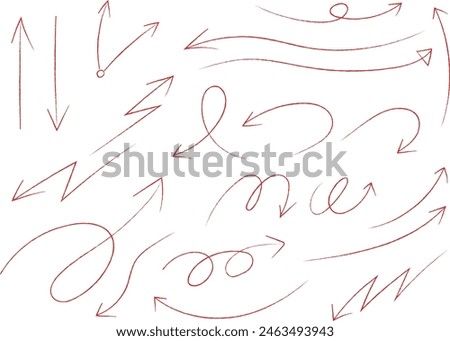 Hand Drawing Arrow Vector Icon Set. Doodles in various curved shapes freely drawn with a red pen. Zigzags, swirl arrows. Hearts, circles, check boxes, asterisks, marking marks. Direction pointers.