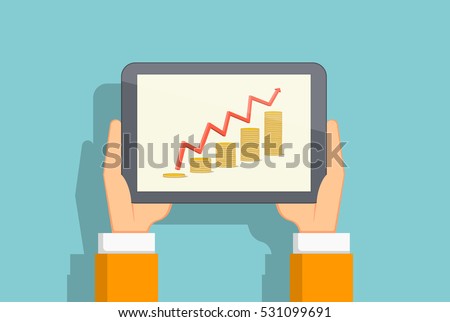 Growing chart of coins on the tablet screen. Hands holding a tablet. Flat vector illustration