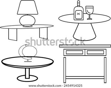 Abstract table lamp with lampshade continuous.Globes Icons and Symbols with tabel.Wine Tasting Line Icon.computer tabel.Vector image of a dining table.Wooden table top with aged surface, realistic .