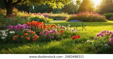 Similar – Image, Stock Photo Green lawn and tulip bed in front of red stone facade with two windows and various oil fillers