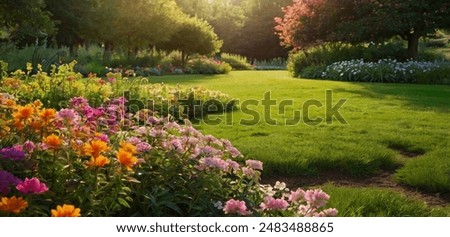 Similar – Image, Stock Photo Green lawn and tulip bed in front of red stone facade with two windows and various oil fillers