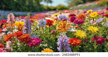 Similar – Image, Stock Photo Green lawn and tulip bed in front of red stone facade with two windows and various oil fillers