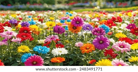 Similar – Image, Stock Photo Green lawn and tulip bed in front of red stone facade with two windows and various oil fillers