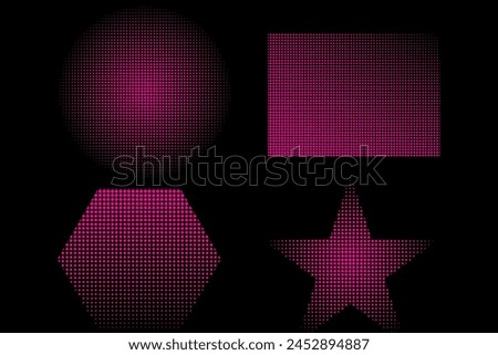 A collection of point halftone spheres. Set of hearts circle polygon rectangle shape, halftone elements on dots effect and black background