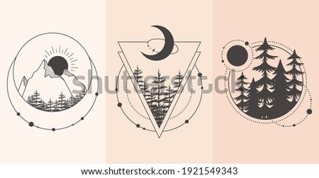 Set of mountain and forest landscape in tattoo style. Vector illustration