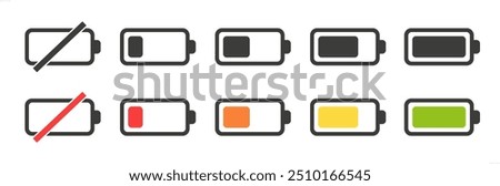 Set of battery charge level icon vecor illustration. Low and fully charge