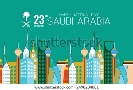 Saudi National Day with Color Landmarks and Saudi Arabian Traditional Motif Pattern and Icon. Vector Illustration. template. Happy National Day