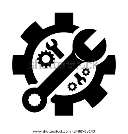 Silhouette logo icon vector design template of gear and wrench with white background.
