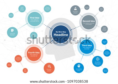Vector infographic for mind map visualization template with colorful circles and several icons, isolated on light background. Easy to use for your website or presentation.
