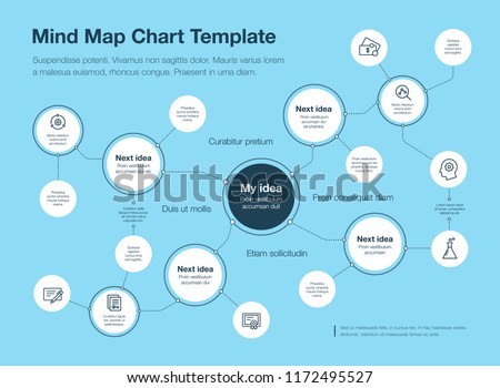 Simple infographic for mind map visualization template with circles and several icons, isolated on blue background. Easy to use for your website or presentation.