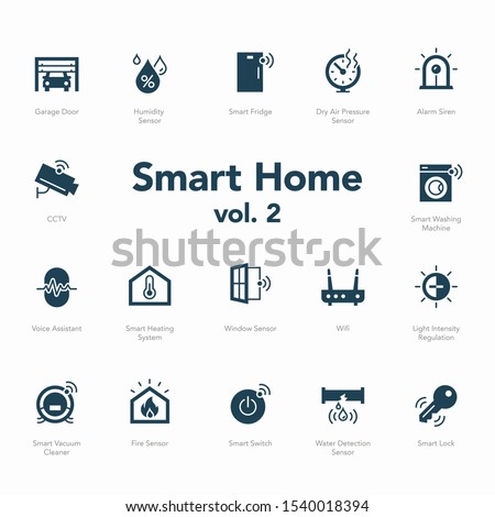Smart home icon set volume 2 isolated on light background. Contains such icons Garage Door, Light Intensity Regulation, Voice Assistant, Humidity Sensor and more.