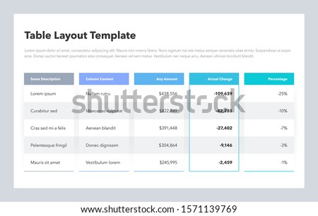 Modern business table layout template. Flat design, easy to use for your website or presentation.