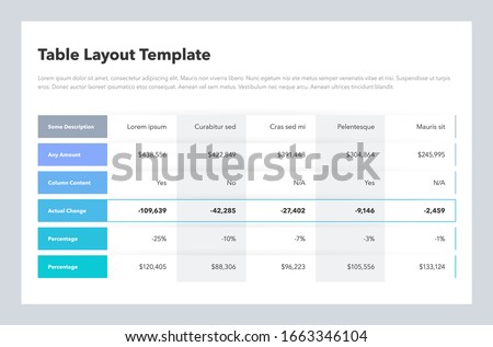 Modern business table layout template with place for your content. Flat design, easy to use for your website or presentation.