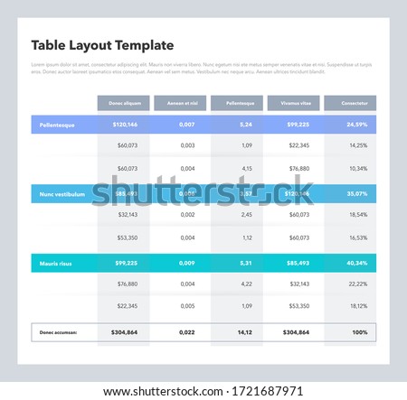 Modern business table layout template with the total sum row and place for your content. Flat design, easy to use for your website or presentation.