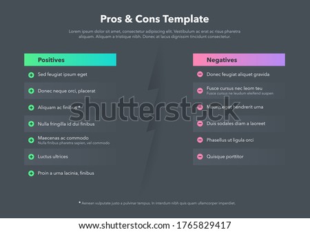 Simple infographic for pros and cons with place for your content - dark version. Easy to use for your website or presentation.