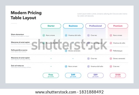 Modern pricing table layout with four subscription plans. Flat infographic design template for website or presentation. Foto stock © 