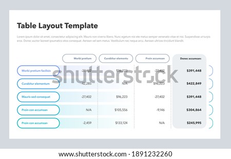 Modern business table layout template with the total sum column and place for your content. Flat design, easy to use for your website or presentation.