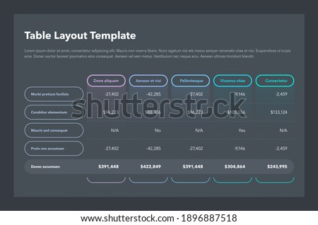 Modern business table layout template with the total sum row and place for your content - dark version. Flat design, easy to use for your website or presentation. ストックフォト © 