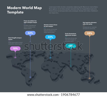 Modern 3d world map infographic template with colorful pointer marks - dark version. Easy to use for your design or presentation.