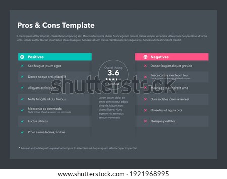 Modern pros and cons template with place for your content - dark version. Easy to use for your website or presentation.