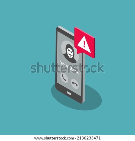 Voice phishing symbol with a smartphone and fake bank phone call. Flat design, easy to use for your website or presentation.