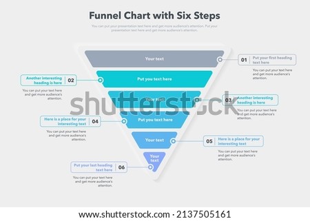 Funnel chart template with six colorful steps. Easy to use for your website or presentation.