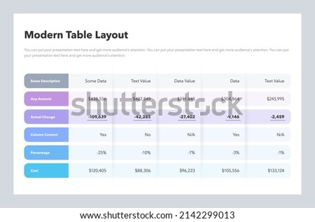 Modern table layout template with highlighted row. Flat design, easy to use for your website or presentation.