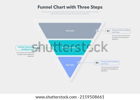 Funnel chart template with three colorful steps. Easy to use for your website or presentation.