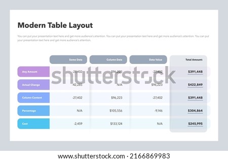 Modern table layout template with a total amount row. Flat design, easy to use for your website or presentation.