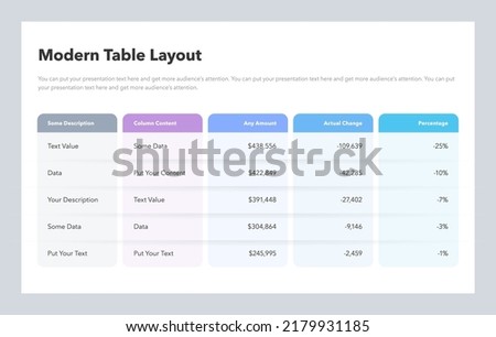 Modern table layout template with five colorful columns.