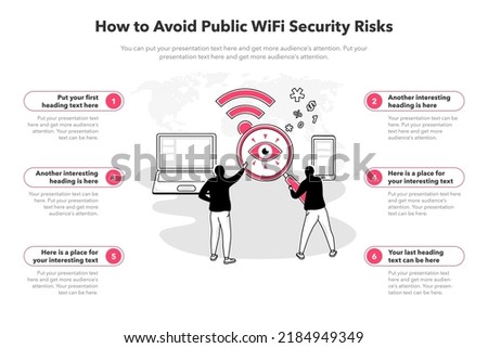 Simple infographic template for how to avoid public wifi security risks. 6 stages template with a laptop, a cell phone and two hackers as a main symbol.